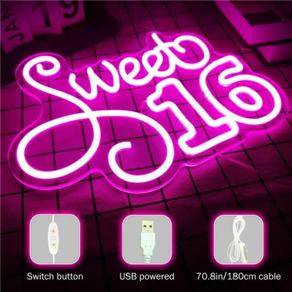 Sweet 16 Neon Sign Dimmable LED Neon Signs for Girls 16th Birthday Bright VIVID - Picture 2 of 7
